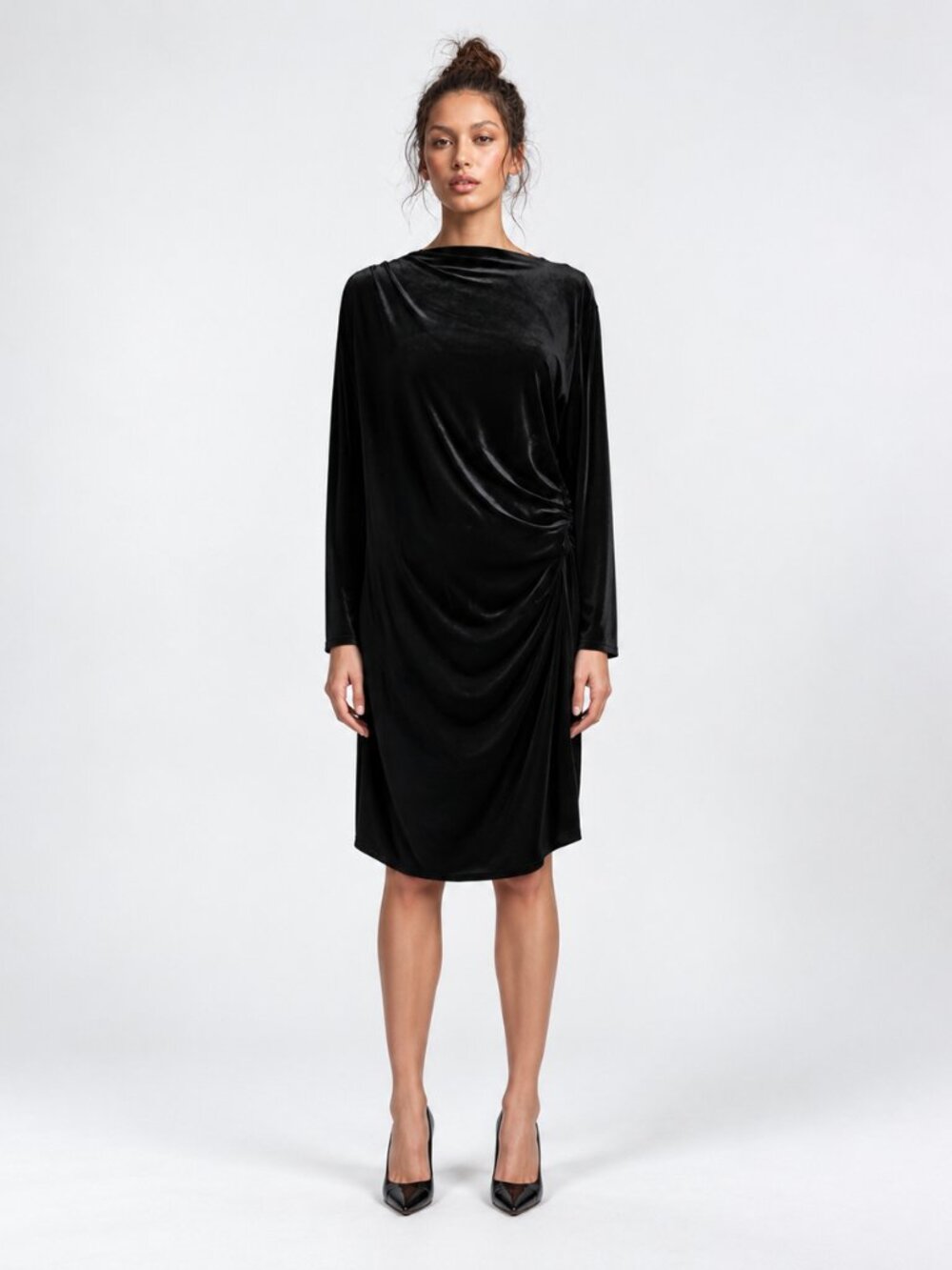 NWT H & M Black Stretch Velvet Long Sleeve Dress Elegant flattering Drape XXL